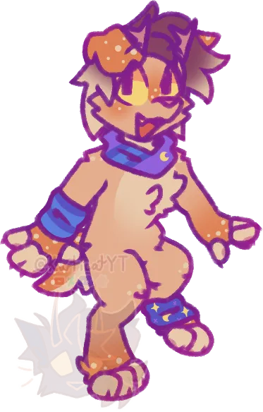 my fursona, Riko, a deer-dog hybrid. she has light orange fur with white speckles and accents throughout. a deeper orange color is used on the dog ears and ends of the limbs, and he has small horns. she wears a purple-blue scarf containing a moon symbol, and similarly styled arm/leg warmers on the right arm and left leg one (featuring stars) respectively.